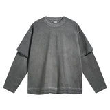 Aidase 2024 Tie-dyed Fake Two-piece Long Sleeved T-shirt for Men Vintage Washed Trendy Distressed Sweatshirts Women Oversized Clothes aidase-shop