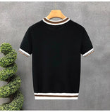AIDASE  -  New Summer Men's Short-Sleeve Knitted Shirt Crew Neck Top Color-Blocked Striped Ice Silk Breathable Slim Fit Business T- Shirt aidase-shop