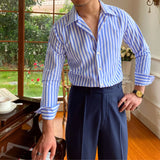 Aidase Business Stripe Shirts Men's Cuba Collar Long Sleeve Shirt British Fashion Slim Shirt Trend Men Shirt Office Tuxedo Shirt Social aidase-shop