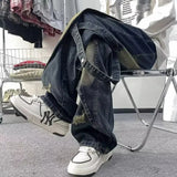 AIDASE  -  American high street trendy brand youthful and fashionable versatile straight retro old washing splicing design streamer jeans aidase-shop