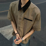 AIDASE  -  New Stylish Men's Shirt Short Sleeve Lapel Patchwork Collar Male Zipper Shirts Washed Summer Men Clothing Loose Fit aidase-shop