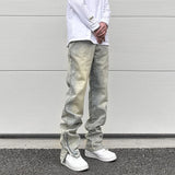 Aidase Streetwear Vibe Distressed Washed Trousers Jeans Yellow Mud Dyed Zipper Split Slim Straight Jeans Men Retro Jeans Vintage Y2k