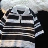 Aidase Dopamine Striped Kint Polo Shirt For Men Vintage Loose Short Sleeve Tops New Fashion Hollow Out knitting Color Blocked Tshirts