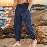 AIDASE  -  Men's Striped Linen Blend Beach Pants Elastic Waist Drawstring Casual Trousers aidase-shop