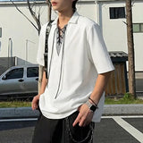 AIDASE  -  Men Shirt Lapel Short Sleeve Patchwork Lace Up Casual Men Clothing Streetwear Korean Style Summer Fashion Male Tops aidase-shop