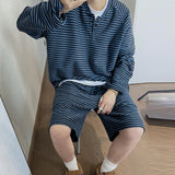 AIDASE  -  Men Striped Sets Vintage Long Sleeve T Shirts & Shorts Two Pieces Sets Streetwear Loose Korean Style Fashion Men Suits aidase-shop