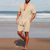 AIDASE  -  New Men's Hawaiian Set Summer Solid Color Stand Collar Short Sleeve Shirt&Beach Shorts Streetwear High Quality 2-Piece Set