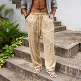 AIDASE  -  Men's Casual Solid Color Linen Feel Drawstring Wide Leg Pants Beach Trousers aidase-shop