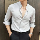 AIDASE  -  Summer Darkwear Stripe Stand Up Collar Elastic Korea Fashion Long Sleeve Casual Male Tops Loose aidase-shop