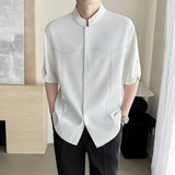 AIDASE  -  Summer New Stand Up Ice Silk Men's Mid Sleeved Shirt Solid Color Stand Collar Male Tops New Korea Fashion aidase-shop