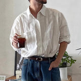 AIDASE  -  Vintage Men's Striped Textured Shirt Spring Fall New Casual Breathable Long Sleeve Shirts Mens Fashion Turn-down Collar Shirts aidase-shop