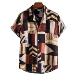 AIDASE  -  Roll-Up Sleeves Men'S Shirt With Pocket Casual Men'S Loose Lapel Print Color Contrast Ethnic Short Sleeve Roupas Masculinas aidase-shop