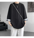 AIDASE  -  Spring Summer Men's Ice Silk T-shirts Women Oversized Plaid T-shirt Korean Style Casual Seven sleeves T-Shirt Male aidase-shop