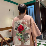 Aidase Washed Rose Print T-shirt Retro Fashion Five-quarter Sleeve Loose Casual Short-sleeved Men's and Women's Tops aidase-shop