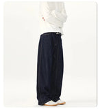 AIDASE  -  American New Fashion Men's Dark Blue Casual Trendy Simple Basic Solid Color Daily Wide Leg Straight Denim Trousers Male Jeans aidase-shop