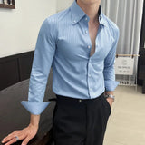 Aidase Men's New Long Sleeve Dark Stripes, Business Casual Lapels Top, Navy Blue Gentleman Banquet Shirt, Non-Ironing Treatment aidase-shop