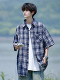 AIDASE  -  Trendy Summer Elegant Short Sleeve Plaid Shirt Men's American Casual Oversized Pocket T Shirts Y2K Streetwear Camisas aidase-shop