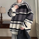 Aidase  Striped Sweater Men's Japanese Loose Retro Student Contrasting Base Shirt Round Neck Knit Jacket Men's Handsome