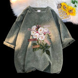 Aidase Vintage Flowers Graphic Print T-shirt Gothic Men Tshirts Washed Short Sleeved Man Tops Round Neck General Tee aidase-shop