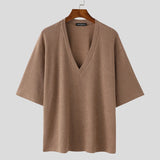 AIDASE  -  Men V Neck Half Sleeve Solid Color Ribbed Knitted Shirts aidase-shop