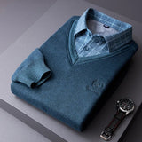 Men Sweaters Shirts Pullovers Fake Two-Pieces Shirts Knitwear Fleece Warm Sweaters Male Business Casual Pullovers Sweaters 4XL aidase-shop