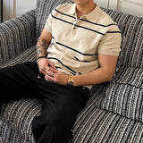 AIDASE  -  Daily Leisure Mens Slim Polo Shirts Knitted Short Sleeve Buttoned Turn-down Collar Polo Shirt Summer Casual Striped Knitting Top aidase-shop