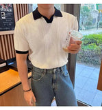 AIDASE  -  Images Simple Striped Ice Silk Elastic Jacquard Turn-down Collar Short Sleeved T-shirt 2025 Contrast Color Male Tops aidase-shop
