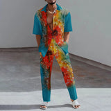 Aidase Fashion 3D Print Two Piece Set Men Summer Short Sleeve Lapel Shirts Top And Pants Casual Suit Streetwear Mens Outfit