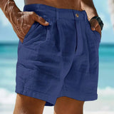 Aidase Summer Men Cotton Linen Shorts Solid Color Button Elastic Waist Beach Shorts Lightweight Gym Pants Comfort Breath Holiday Shorts