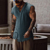 Aidase Vintage Tassels T-shirt Top Men Sleeveless V-Neck Loose Tank Blouse Summer Newest Male Fashion Waistcoat Tshirt Vest Streetwear