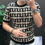 Aidase Diamond Check Contrast Knit T-Shirt High Elasticity Short Sleeve Slim Bottomed Tshirt Men Top Quality Streetwear Knitted Top aidase-shop