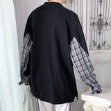 AIDASE  -  Stylish O-Neck Spliced Loose Korean Plaid T-Shirt Men Clothing Spring New Casual Pullovers Long Sleeve All-match Tee Shirt aidase-shop