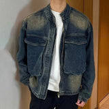 AIDASE  -  Spring Autumn New Men's Tide Punk Short Denim Jackets Loose Large Pockets Stand Collar Casual Zipper Top Trendy Coat
