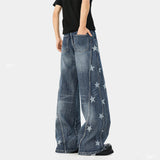 AIDASE  -  Unisex Star Printed Jeans American Style Spring Retro Patchwork Micro Flared Pants High Street Floor Denim Trousers Casual aidase-shop