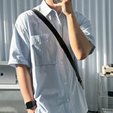 AIDASE  -  Male Shirts Lapel Pocket Design Solid Color Korean Style Summer Short Sleeved Single Breasted Loose Men Tops Simple aidase-shop