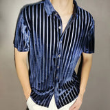 Aidase High Quality Shirt Trendy Transparent Blue Stripe Shirt Men Sexy Velvet Shirt Men Short Sleeve Clothing See Through Social Club aidase-shop