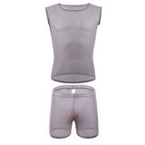 AIDASE  -  Sexy Sleeveless Mesh Transparent T-shirts Mens Lounge Undershirts Tank Tops Sexy Homme Boxer Shorts Gym Homewear Men Clothes Set aidase-shop