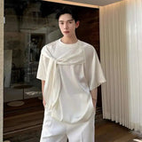AIDASE  -  Men's T-shirts New Summer Cutting Tie Ribbon Design Round Neck Short Sleeve Solid Color Male Loose Clothing 2025 9W2125
