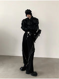 Aidase Spring Autumn Cool Handsome Short Oversized Black Pu Leather Jacket Men with Shoulder Pads Long Sleeve Zipper aidase-shop
