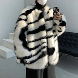 Aidase Male Loose Fur Coat Men's Contrast Color Striped Round Neck 2024 Autumn High Street Male Cotton Overcoat Stylish aidase-shop