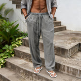 AIDASE  -  Men's Casual Solid Color Linen Feel Drawstring Wide Leg Pants Beach Trousers aidase-shop