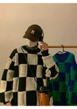 Winter Korean Fashion Mens Pullovers Checkerboard Plaid Sweater Thick Warm Cashmere Sweater Men Luxury Patchwork Pull Homme aidase-shop