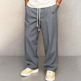 AIDASE  -  Men's Solid Color Drawstring Wide Leg Pants Casual Streetwear Button Detail Loose Straight Trousers Lightweight for Daily Wear aidase-shop
