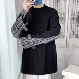 AIDASE  -  Stylish O-Neck Spliced Loose Korean Plaid T-Shirt Men Clothing Spring New Casual Pullovers Long Sleeve All-match Tee Shirt aidase-shop