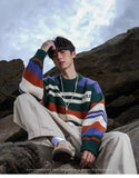 AIDASE  -  Winter Men's Retro O-neck Sweater with Contrasting Stripes Casual Loose Pullover Sweater for Teenagers Preppy Striped Cardigan aidase-shop