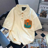 Aidase Personalized Tulip Graphic Embroidery Polo Short Sleeved T-shirt for Men and Women Summer Loose Retro Loose Casual Y2k Harajuku aidase-shop