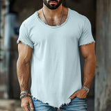 AIDASE  -  Men's Vintage Washed Frayed Edge Soft T-Shirt Casual Deep U-Neck Irregular Hem Short Sleeve Tee Loose Fit Streetwear Summer Tops aidase-shop