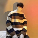 Aidase Warm Knitwear Thick Striped Men's Knit Sweater Fleeced Crewneck Round Collar Pullovers Male Vintage Long Sleeve Streetwear aidase-shop