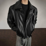 AIDASE  -  Men's PU Leather Jacket 2025 Autumn New Lychee Pattern Double Layer Collar Design Long Sleeve Fashion Male Coats 21E7549 aidase-shop