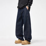 AIDASE  -  Autumn Winter New Fashion American Style Men's Dark Blue Solid Color Casual Trendy Simple Basic Wide Leg Loose Jeans Pants aidase-shop